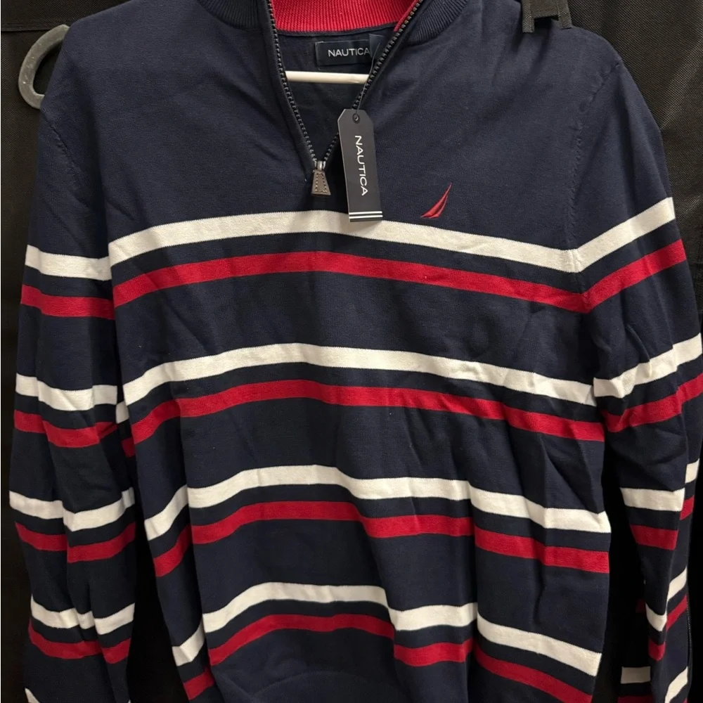 Nautica Navy Quarter-Zip Sweater with Red & White Stripes - Picture 3 of 3